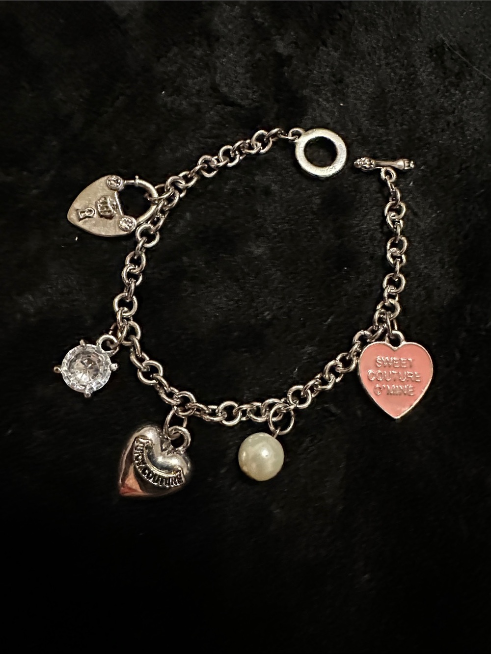 Juicy Couture Silver TONE Chain Bracelet with Pink Heart and Pearl Charm